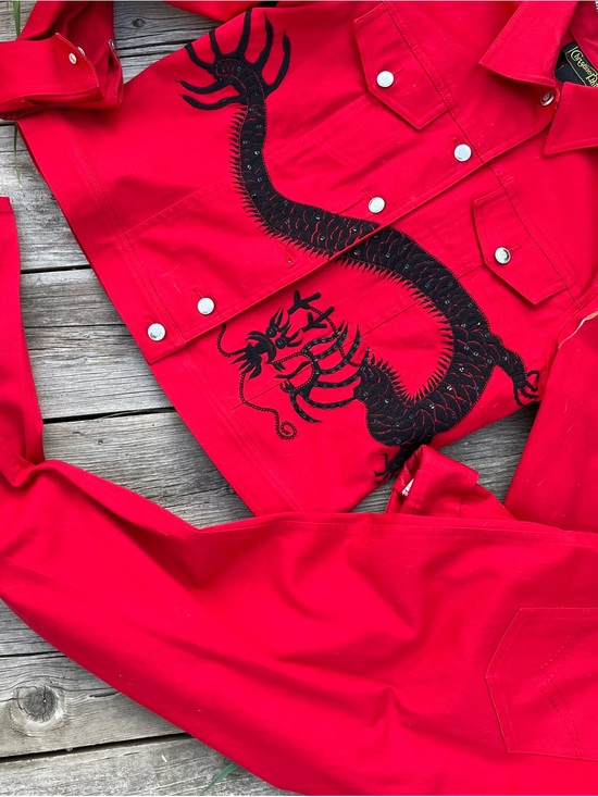 Jackets & Blazers - Red Western Shirt Jacket with Black Dragon Embroidery